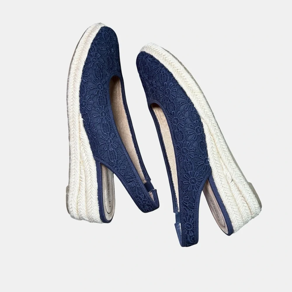 LifeStride Navy Floral Lace Slingback Espadrille Wedge Shoes Women's 9.5 Comfort